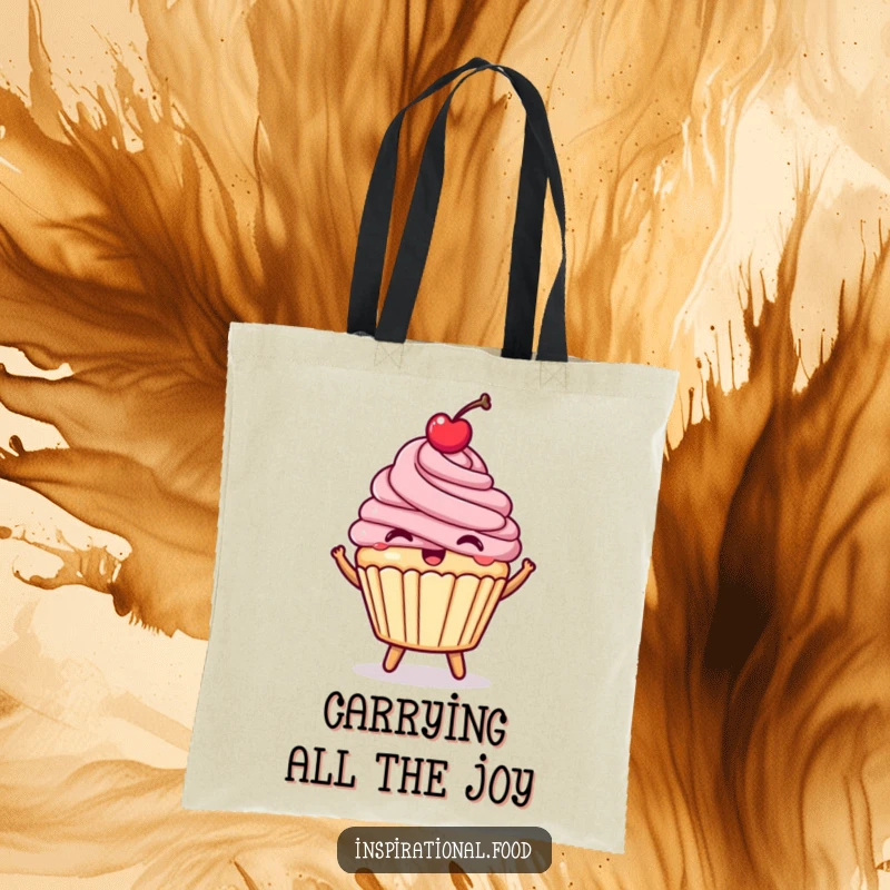 Funny happy cupcake tote bag, a bouncing dessert with a cherry, practical and cute.