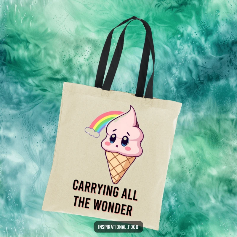 Funny Ice Cream Tote Bag showcasing a wide-eyed ice cream cone character looking up at a beautiful rainbow, a whimsical accessory.