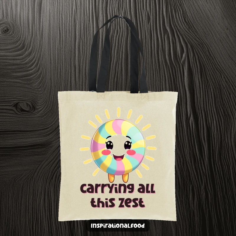 Funny tote bag showcasing a smiling candy character radiating vibrant, colorful energy, perfect for shopping or daily use, a great funny gift.