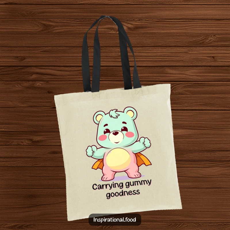 Funny tote bag depicting a delighted gummy bear character in a heroic pose, carrying items with sweet, humorous bravery.
