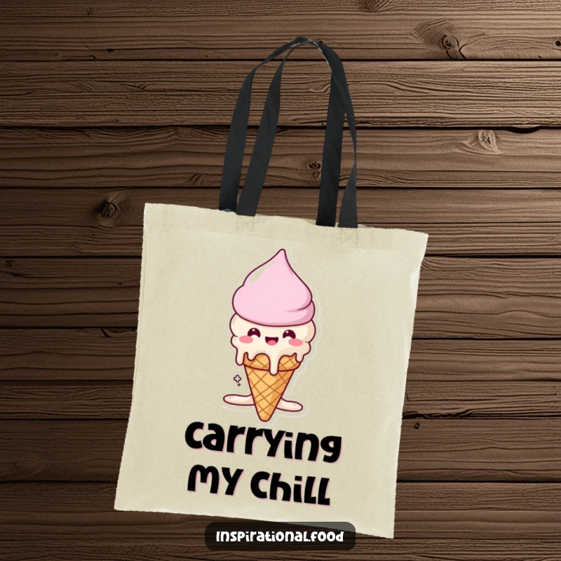 Funny tote bag featuring a beaming ice cream cone character melting into deliciousness, ideal for carrying sweet treats.