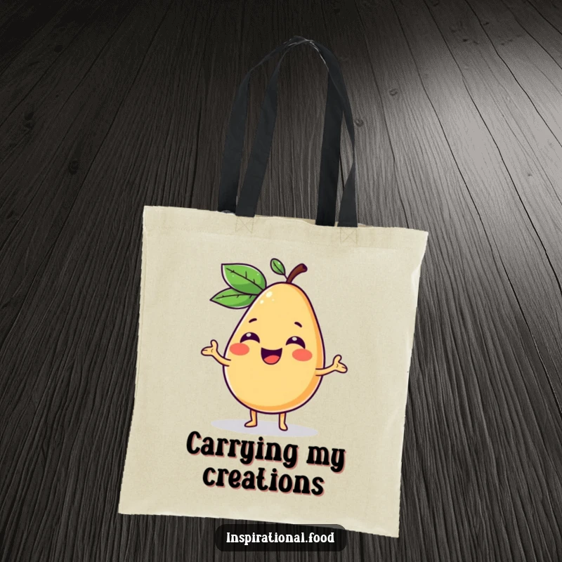 Funny tote bag showcasing a giggling fruit character presenting a vibrant, imaginative food concept, perfect for carrying supplies.