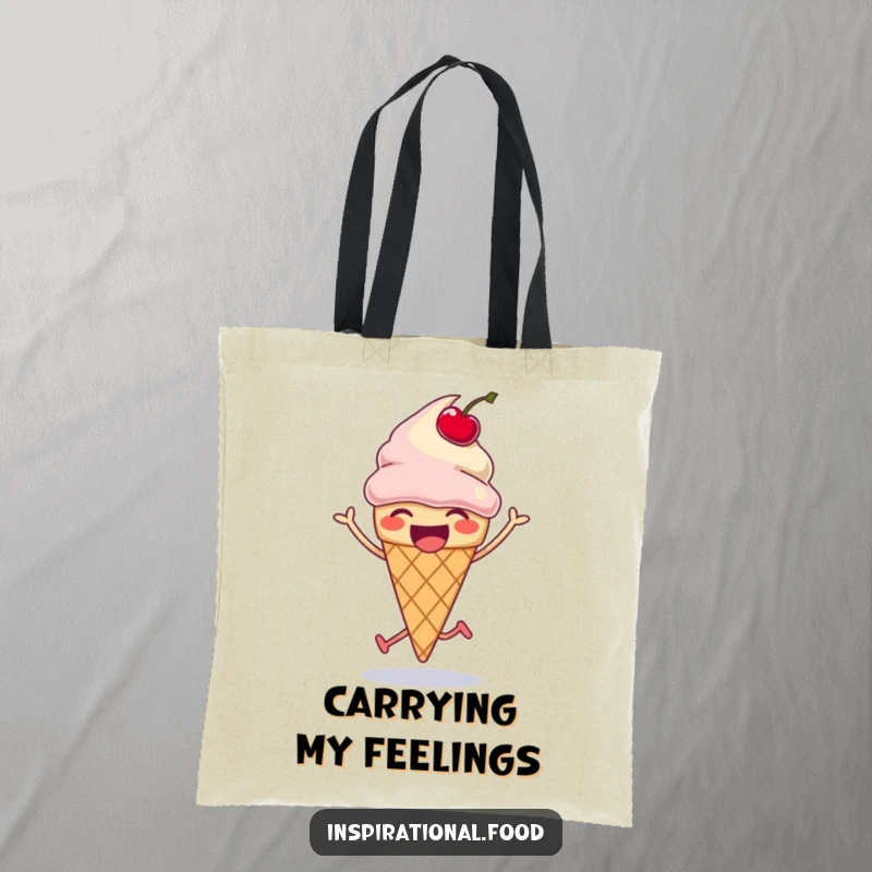 Funny ice cream cone tote bag, laughing and doing a silly hop with a bouncing cherry, great for shopping, funny gift.
