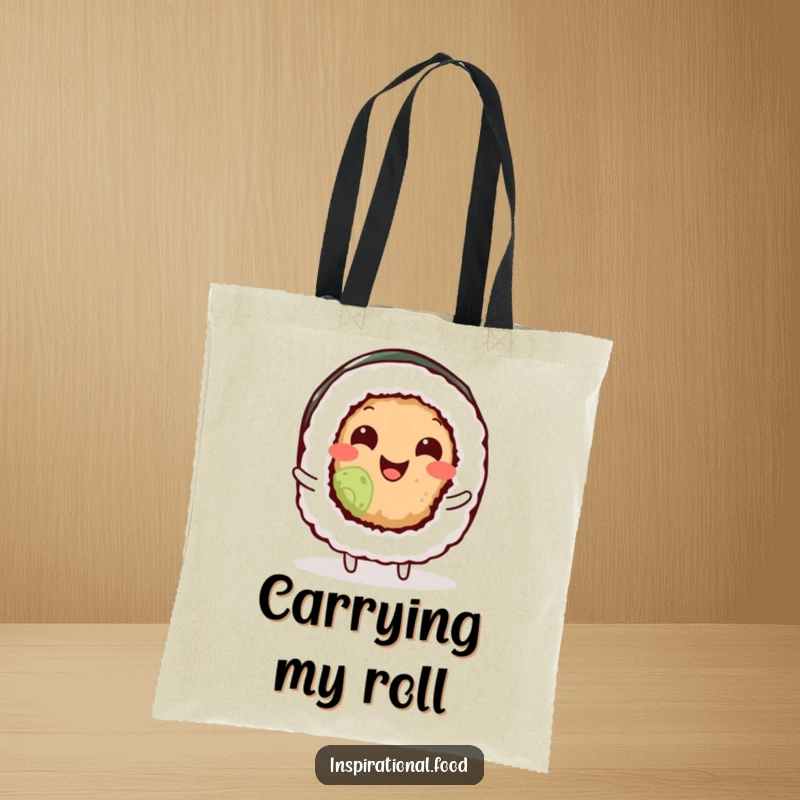 Funny sushi roll character wiggling its body with pure joy on a sturdy tote bag, ideal for shopping and everyday fun.