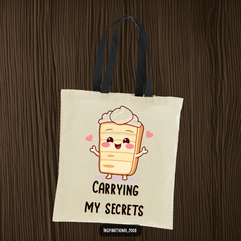 Funny tote bag featuring a giggling cake slice character sharing a delightful recipe, perfect for carrying baking supplies.