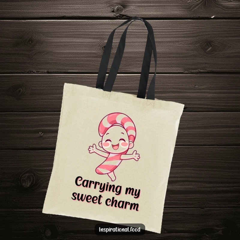 Funny candy cane tote bag displaying a smiling character joyfully twirling, ideal for carrying holiday treats and gifts.