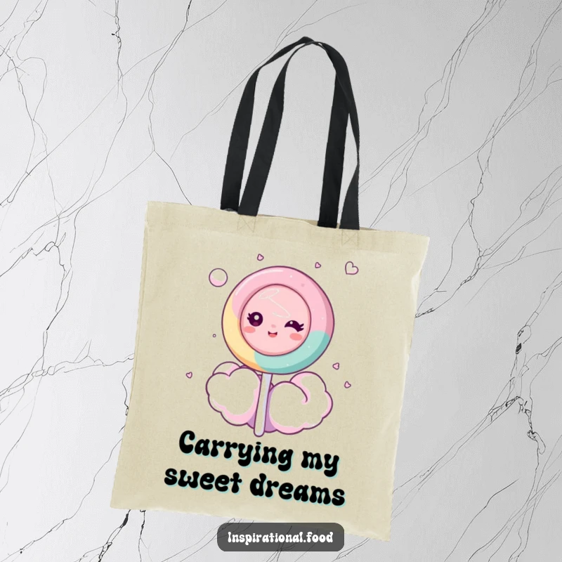 Funny tote bag featuring a dreamy lollipop character floating on a cloud of cotton candy, perfect for carrying daily essentials with sweetness.