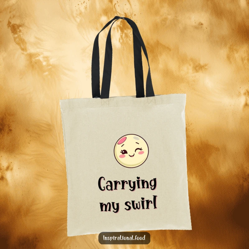 Funny macaron character tote bag, winking playfully while creating a swirling pattern, perfect for carrying items with a sweet and humorous flair.