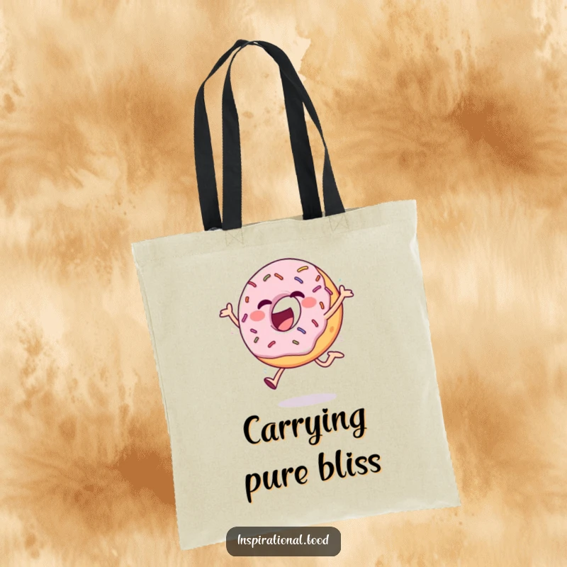 Funny tote bag with an ecstatic donut and sprinkles doing a cheerful leap, perfect for shopping and carrying smiles.