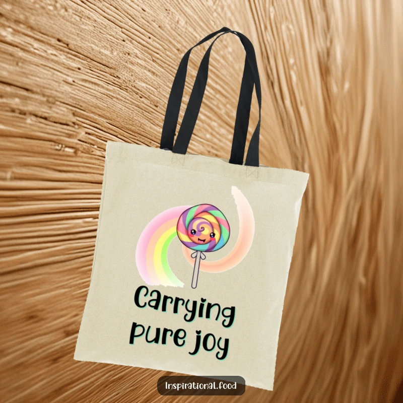Funny Tote Bag with a happy lollipop character artistically swirling a vibrant rainbow, perfect for carrying daily essentials with style.