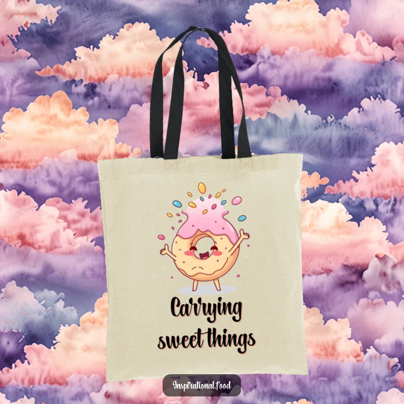 Funny donut cascade tote bag, a cheerful donut character joyfully tossing sprinkles, ideal for grocery shopping or carrying everyday items with a sweet touch.