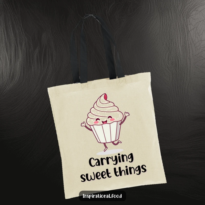 Funny tote bag featuring a playful cupcake character doing a happy, sugary dance, perfect for carrying treats and smiles.