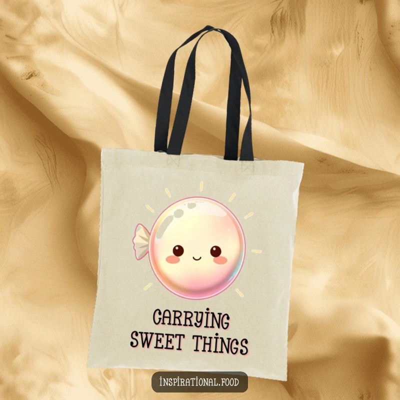 Funny tote bag with a beaming, shimmering hard candy, perfect for carrying necessities with dazzling style.