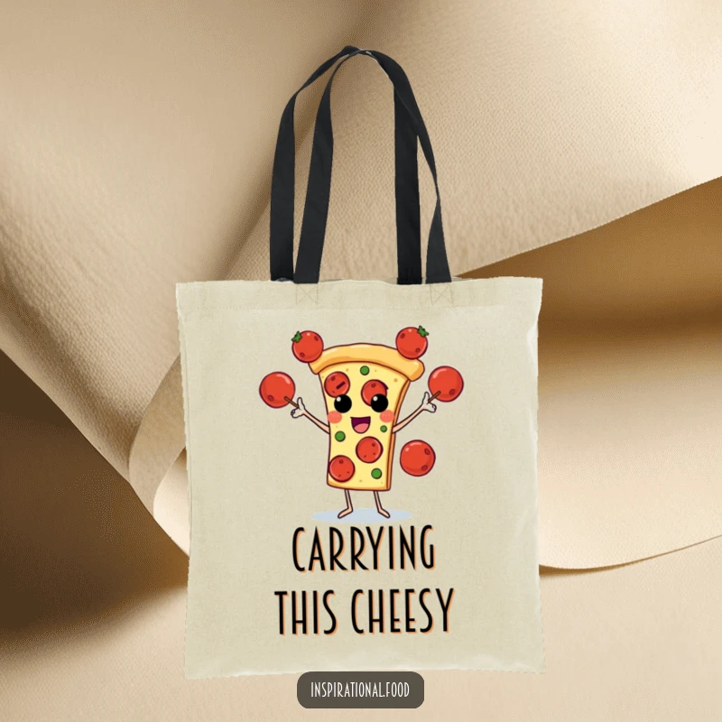 Funny tote bag showing a pizza slice character juggling pepperoni, perfect for carrying groceries or good vibes with a cheesy twist.