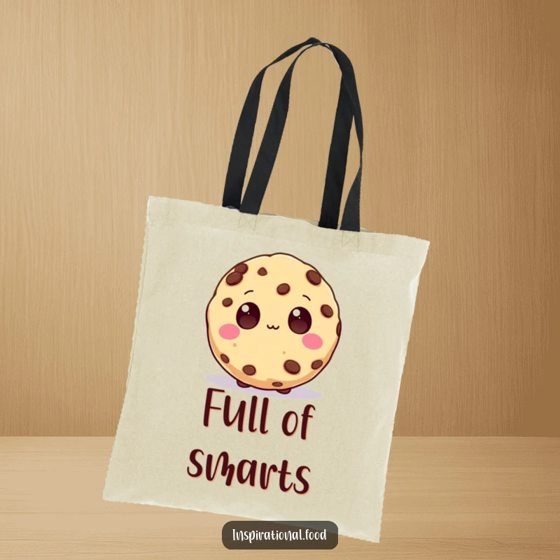 Funny Tote Bag featuring an inspired cookie character with wide chocolate chip eyes, symbolizing brilliant ideas and creative journeys.
