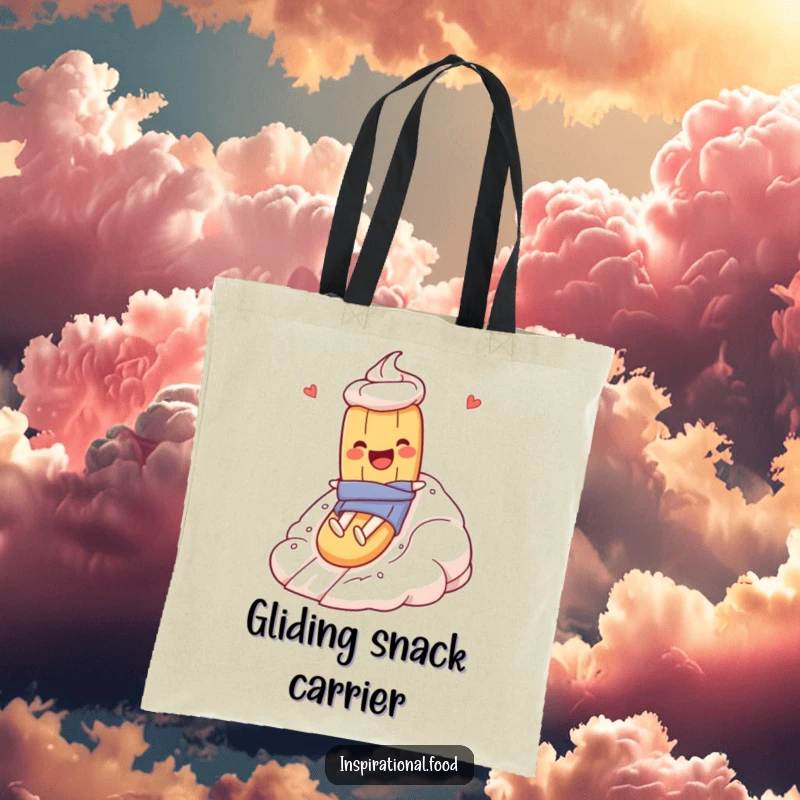 Funny tote bag illustration of a baguette character gleefully sliding down a massive meringue mountain, ideal for carrying groceries or baked goods.