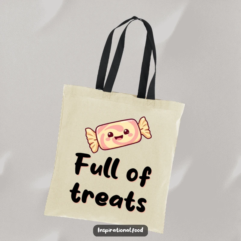 Funny tote bag showcasing a gleeful candy bar twirling with delight in its wrapper, a sweet and practical accessory.