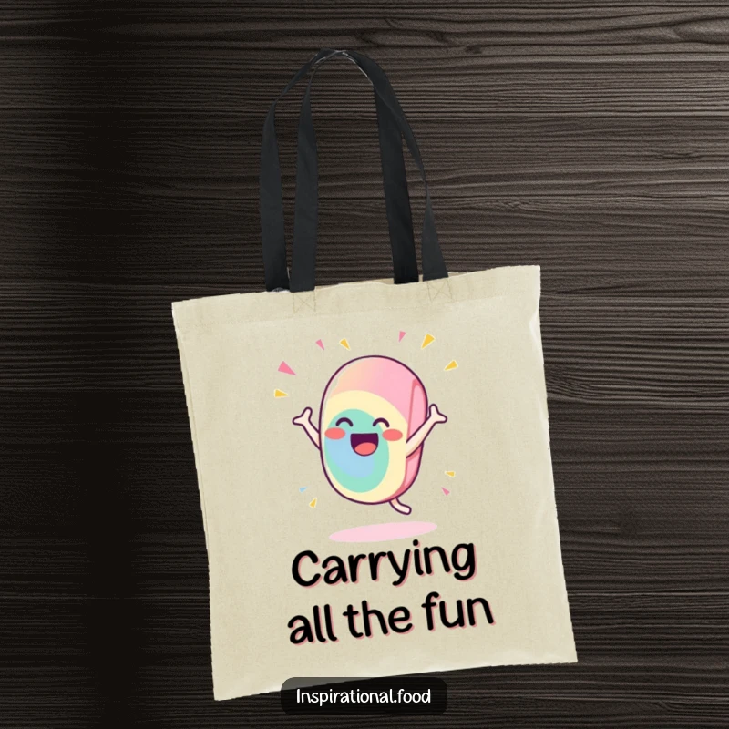 Funny candy tote bag with a gleeful character doing a flamboyant, celebratory flourish, designed for stylish and humorous everyday use.