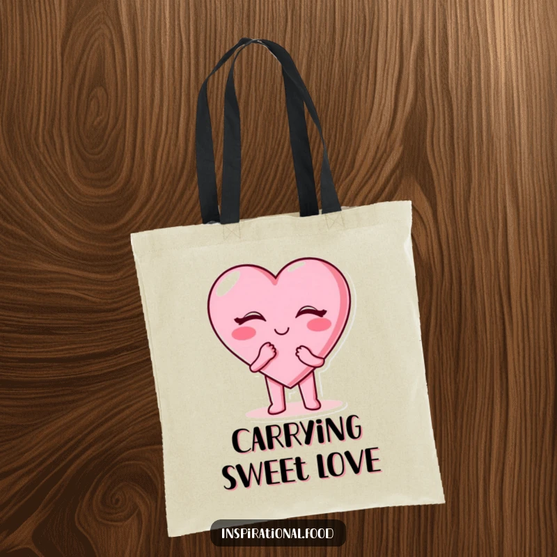 Funny candy heart tote bag with a happy candy heart character blowing a kiss, great for shopping.