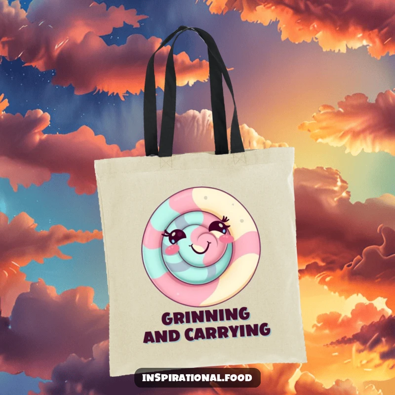 Funny candy swirl tote bag featuring a delighted character with a playful grin, excellent for carrying items with sweet candy humor.