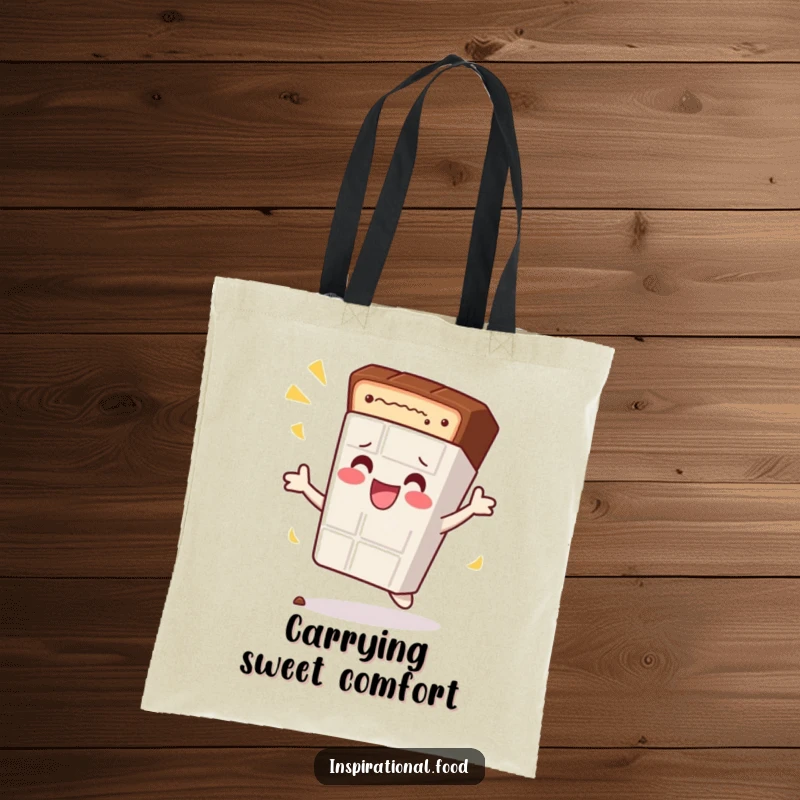Funny tote bag featuring a content chocolate bar character doing a celebratory spin, perfect for carrying everyday sweetness.