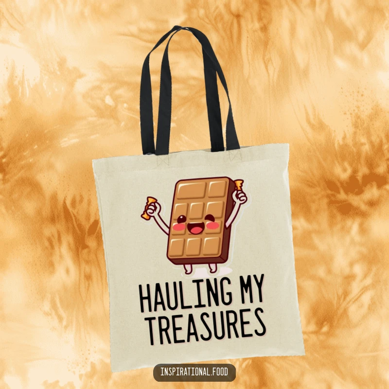 Funny chocolate bar tote bag with a beaming character holding a golden wrapper aloft, perfect for carrying essentials with a touch of sweet success.