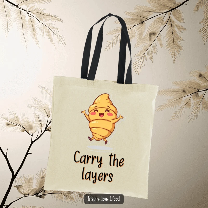 Funny tote bag featuring a joyous croissant character doing a little jig, ideal for carrying baked goods.