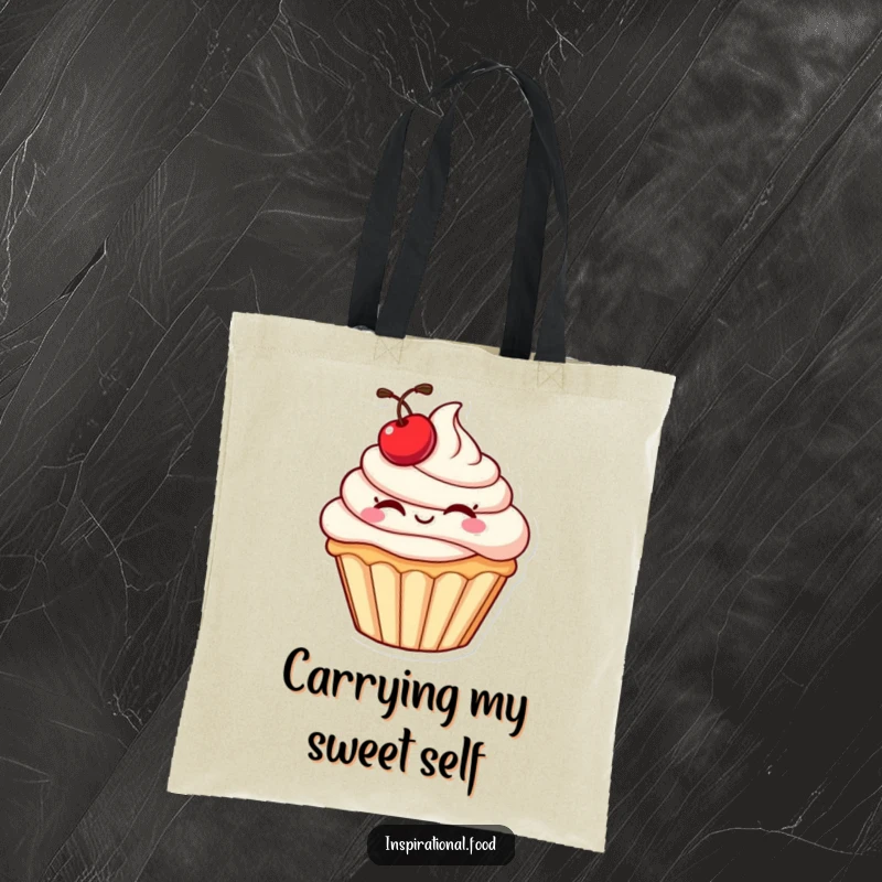 Funny cupcake tote bag depicting a plump character with a cherry winking, perfect for carrying essentials with a humorous flair.