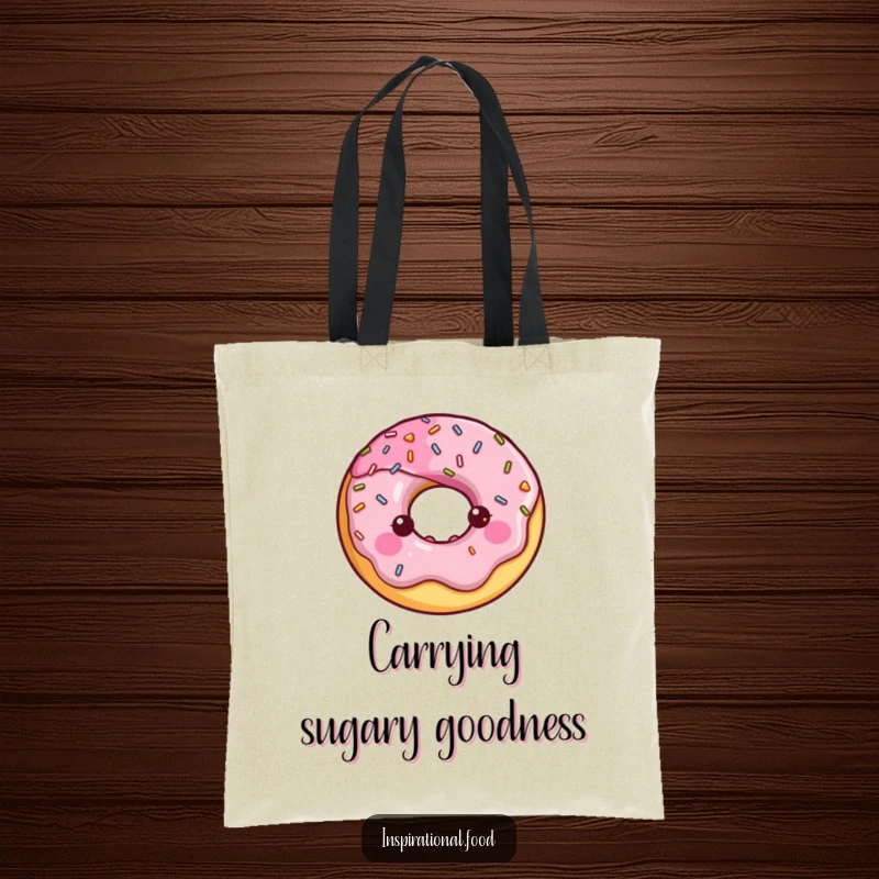 Happy donut character with a halo of shiny sprinkles on a durable tote bag.