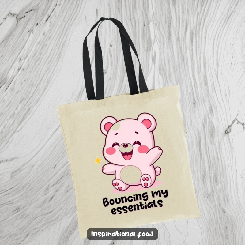 Funny tote bag illustrating a grinning gummy bear in an energetic bounce, perfect for carrying items with a fun and vibrant flair.