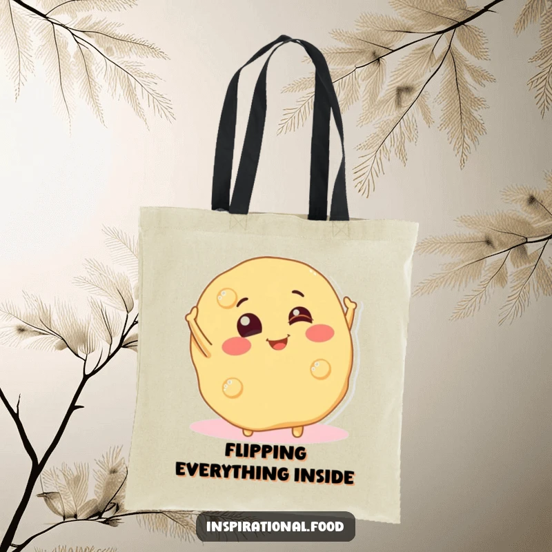 Funny tote bag featuring a smiling pancake character caught in a playful flip, perfect for carrying groceries with breakfast cheer.