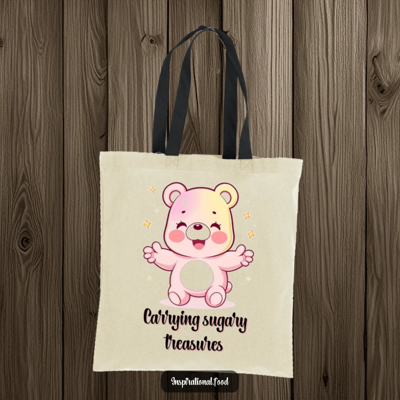 Funny tote bag featuring a joyful gummy bear character juggling sparkling sugar crystals, perfect for carrying everyday joy.