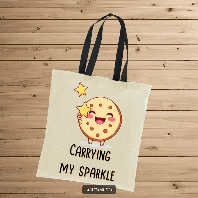 Funny tote bag featuring a joyous cookie character holding a shining star, ideal for carrying inspiration and daily items.