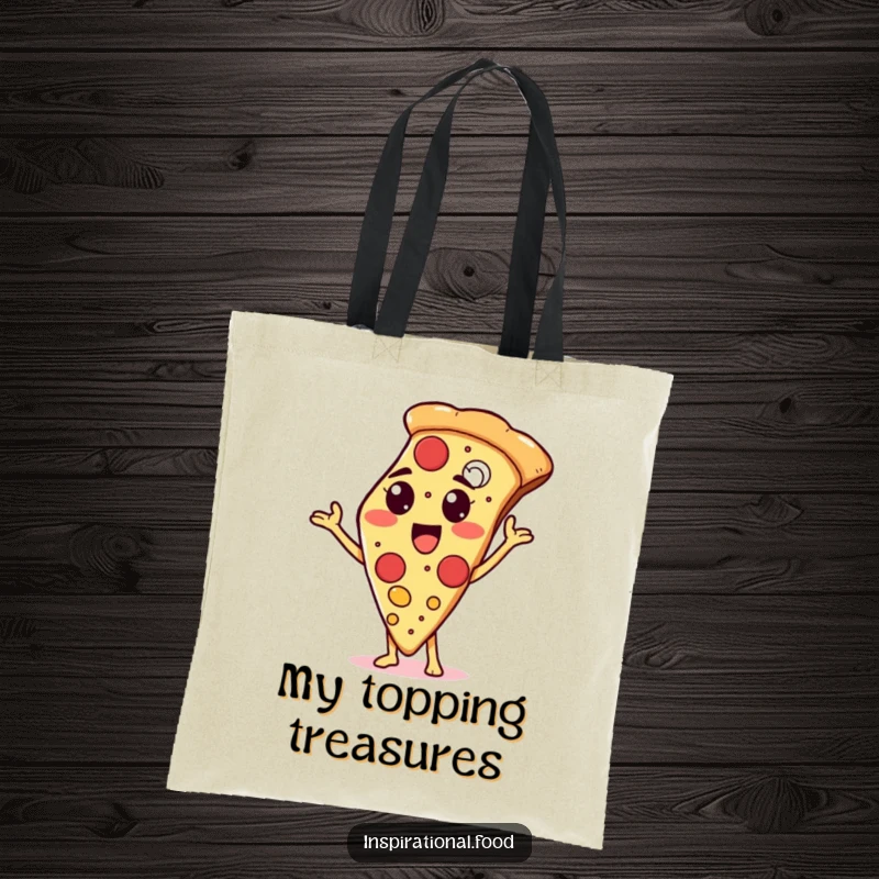 Funny tote bag featuring a proud pizza slice character showcasing assorted toppings, ideal for carrying groceries or pizza essentials.