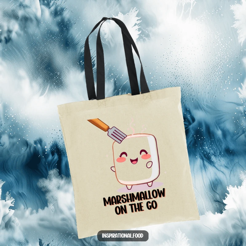 Funny tote bag with a cheerful, blushing marshmallow being toasted, perfect for carrying goodies with a smile.