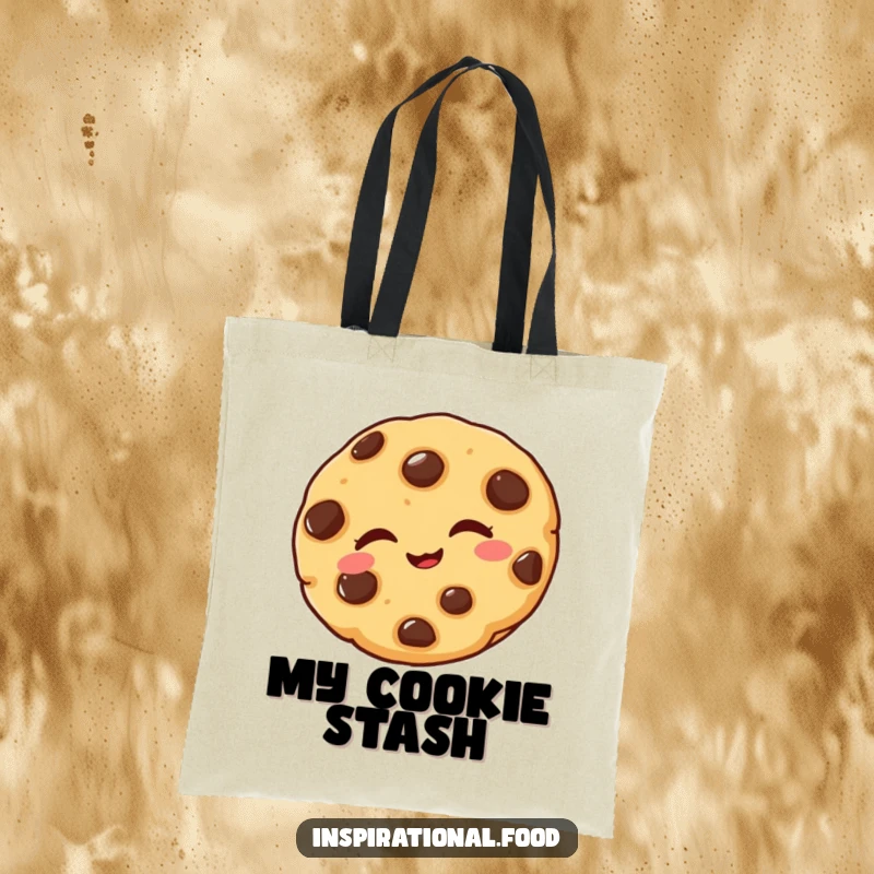Funny tote bag with a delighted chocolate chip cookie winking playfully, perfect for carrying treats and smiles.