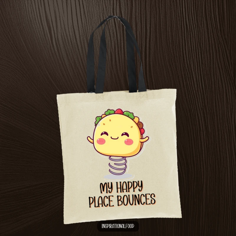 Funny tote bag featuring a joyful taco character with a wide, happy mouth, bouncing up and down on a spring.