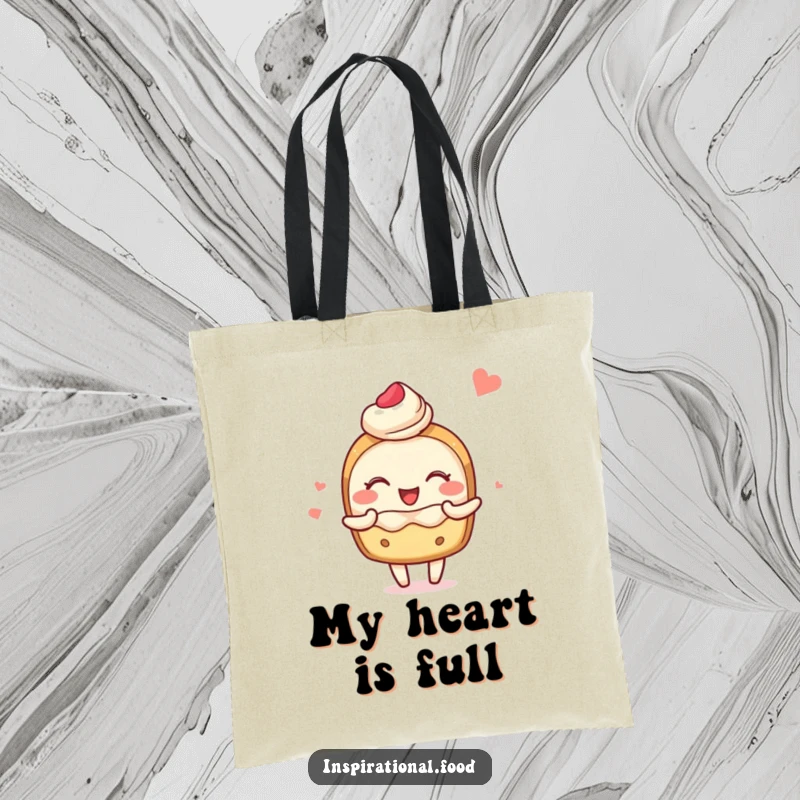 Funny tote bag with a blushing pastry character joyfully sharing delightful food imagery, perfect for carrying daily items.