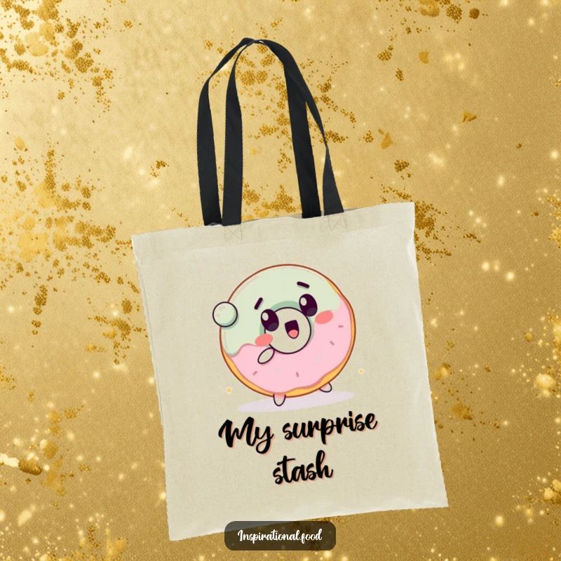 Funny tote bag featuring a cheerful donut character with a surprised expression, bouncing a ball with glee.