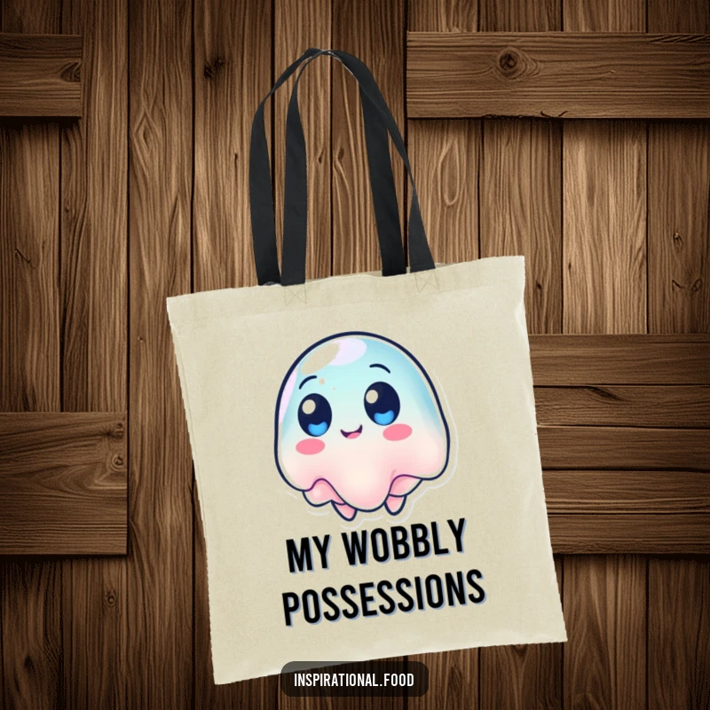 Funny tote bag featuring a wobbling jelly character with round eyes, spinning around with playful energy.