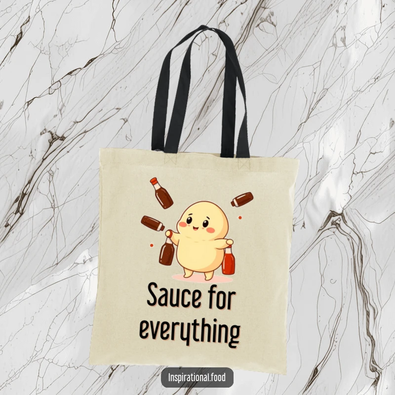 Funny dumpling character juggling miniature soy sauce bottles on a sturdy tote bag, perfect for shopping and everyday use.